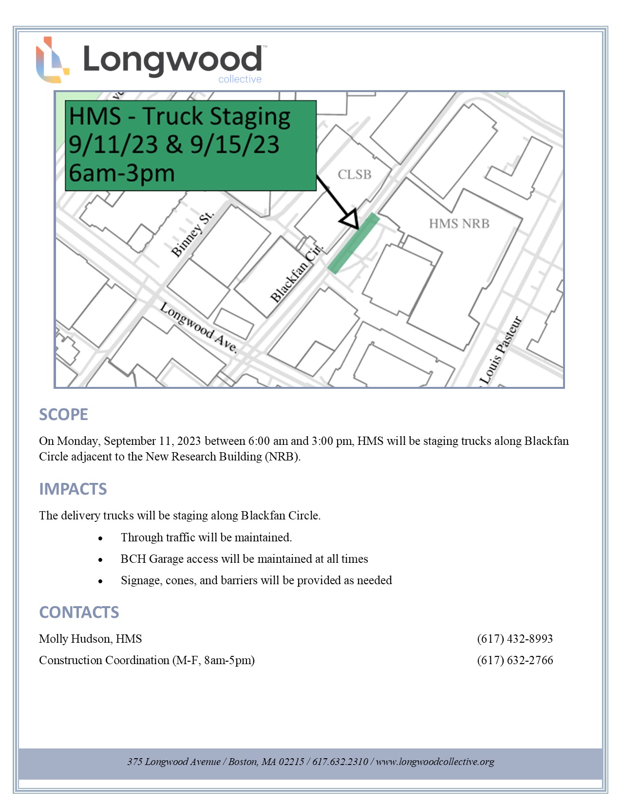 Blackfan Cir. Lane Restriction - HMS Truck Staging  (9/11/23, 6am-3pm)