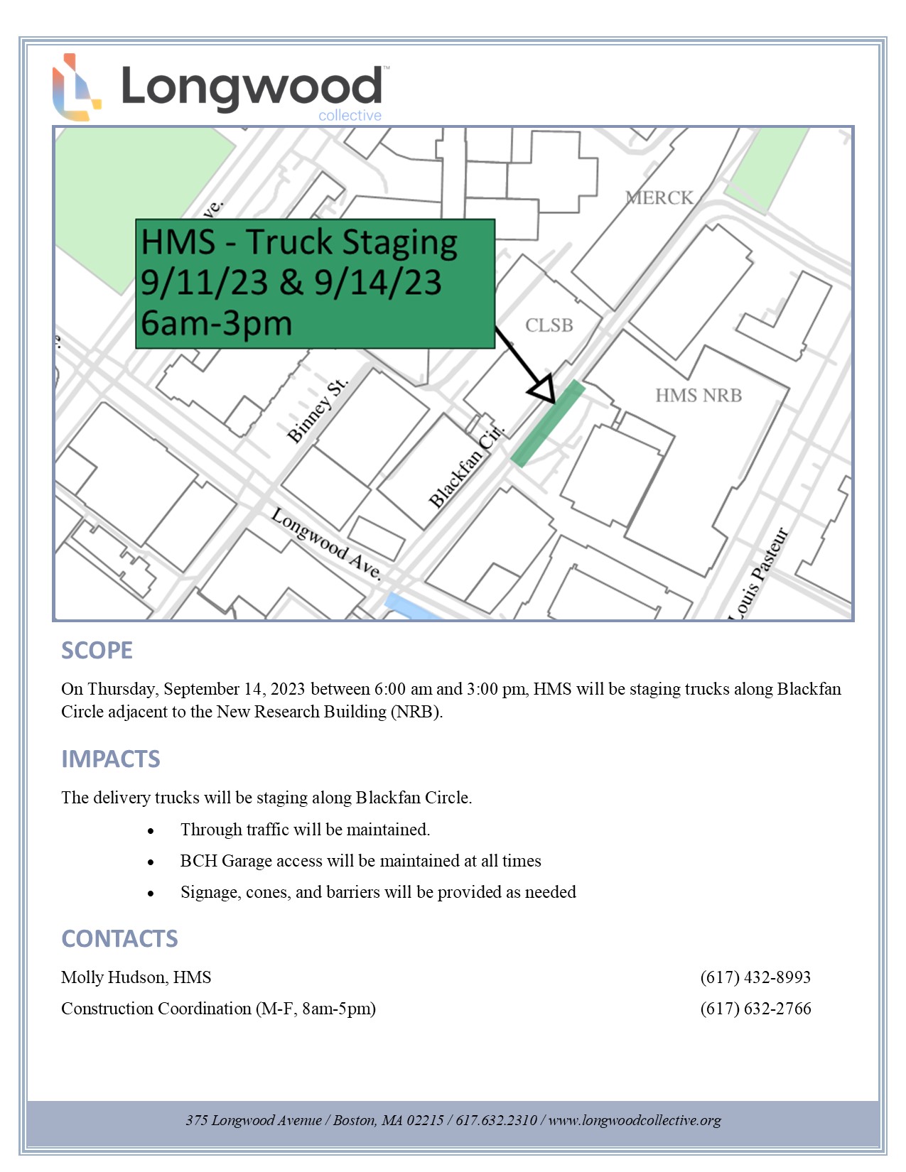 Blackfan Cir. Lane Restriction - HMS Truck Staging  (9/14/23, 6am-3pm)
