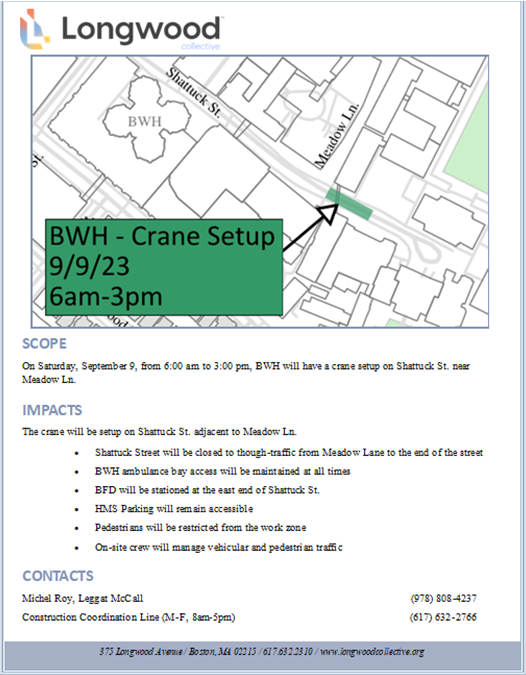 Shattuck St. Road Closure - BWH Crane setup  (9/9/23, 6am-3pm)