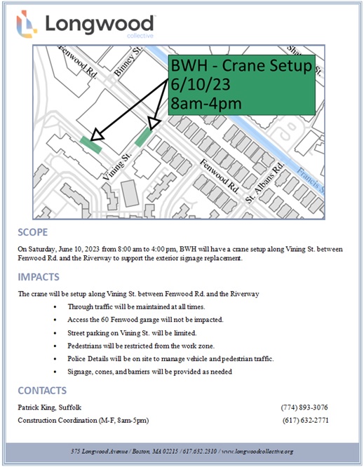 BWH Crane setup  (6/10/23, 8am-4pm)