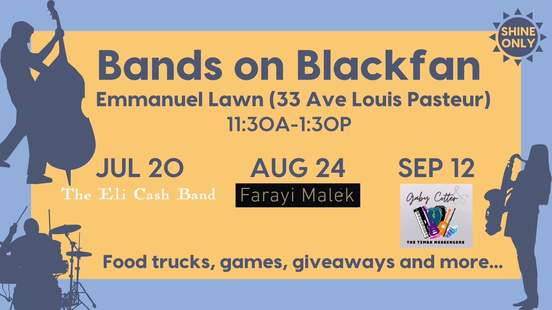 Bands on Blackfan - Emmanuel Lawn (33 Ave Louis Pasteur) 11:30 am - 1:30 pm. July 20 with the Eli Cash Band, August 24 with Farayi Malek, and September 12 with Gaby Cotter and the Timba Messengers. Food trucks, games, giveaways and more...