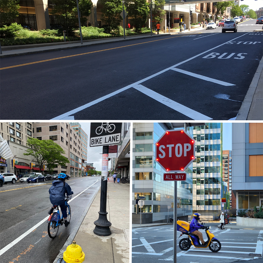 Top: Francis Street restriping; Bottom Left: Brookline Avenue bike improvements; Bottom Right: Francis/Binney Street LED stop sign implementation  