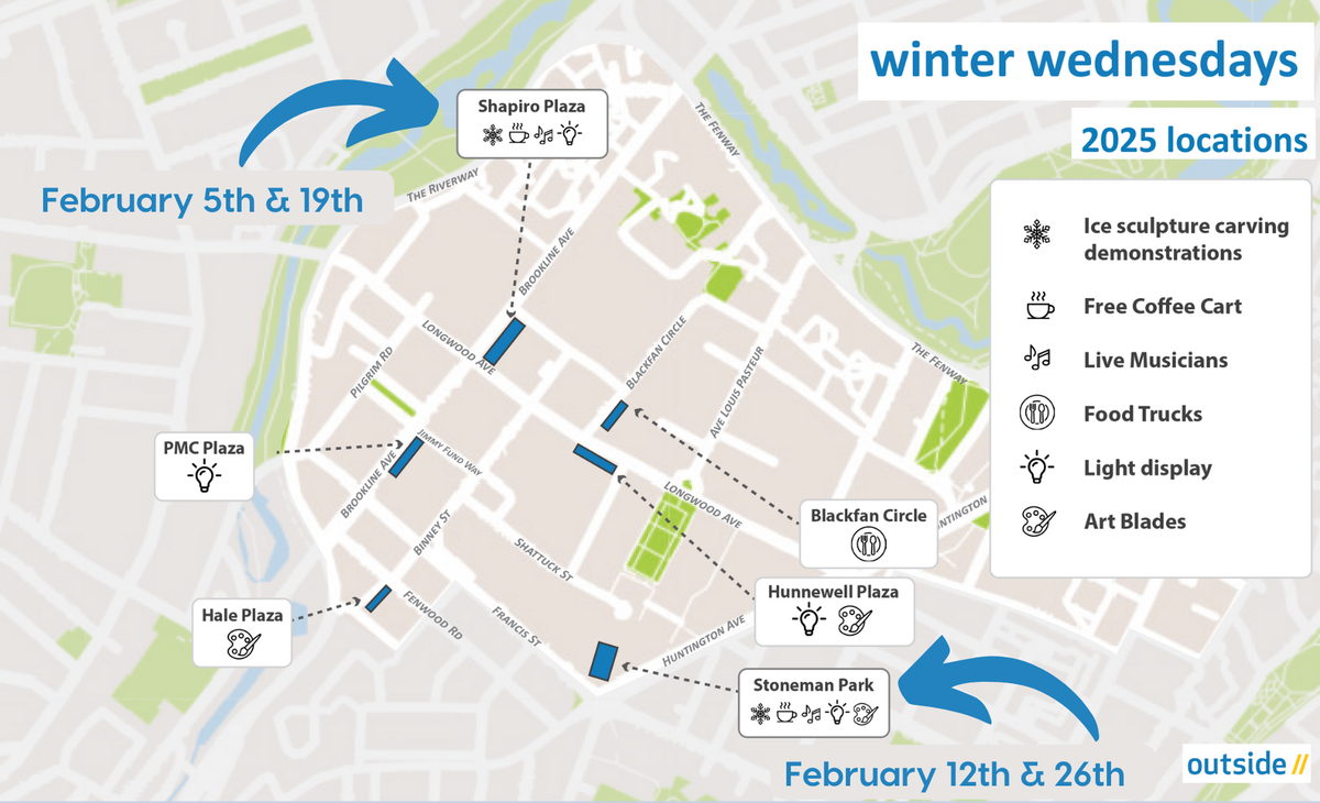 map of Longwood designating Shapiro Plaza and Stoneman Park as sites of the winter wednesday events