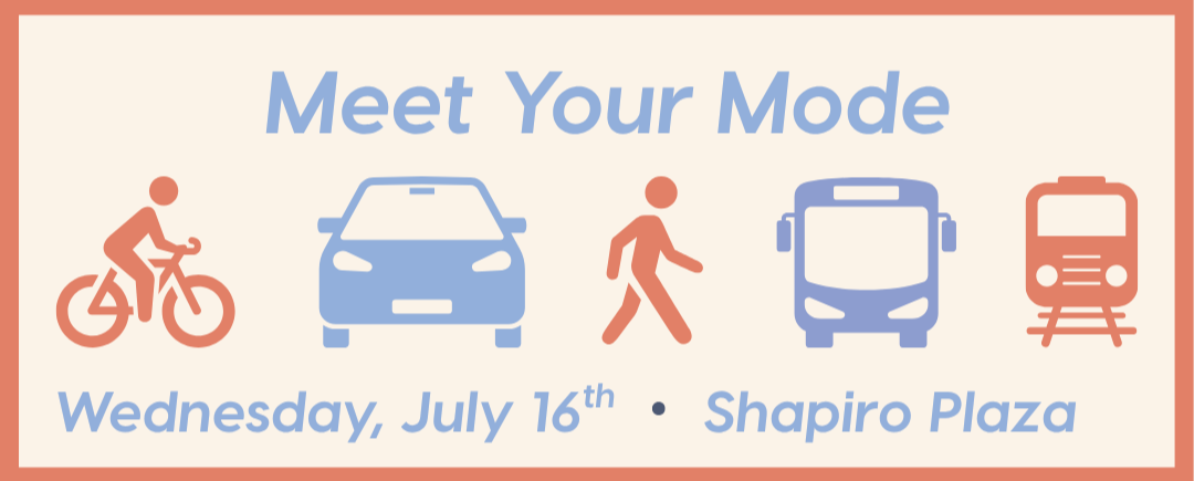 meet your mode banner with a biker, car, walker, bus, and transit
